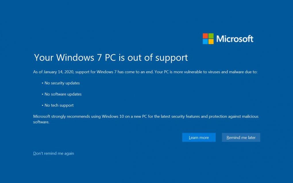 Windows 7: Unübersehbare Warnung nach dem Support-Ende (1)