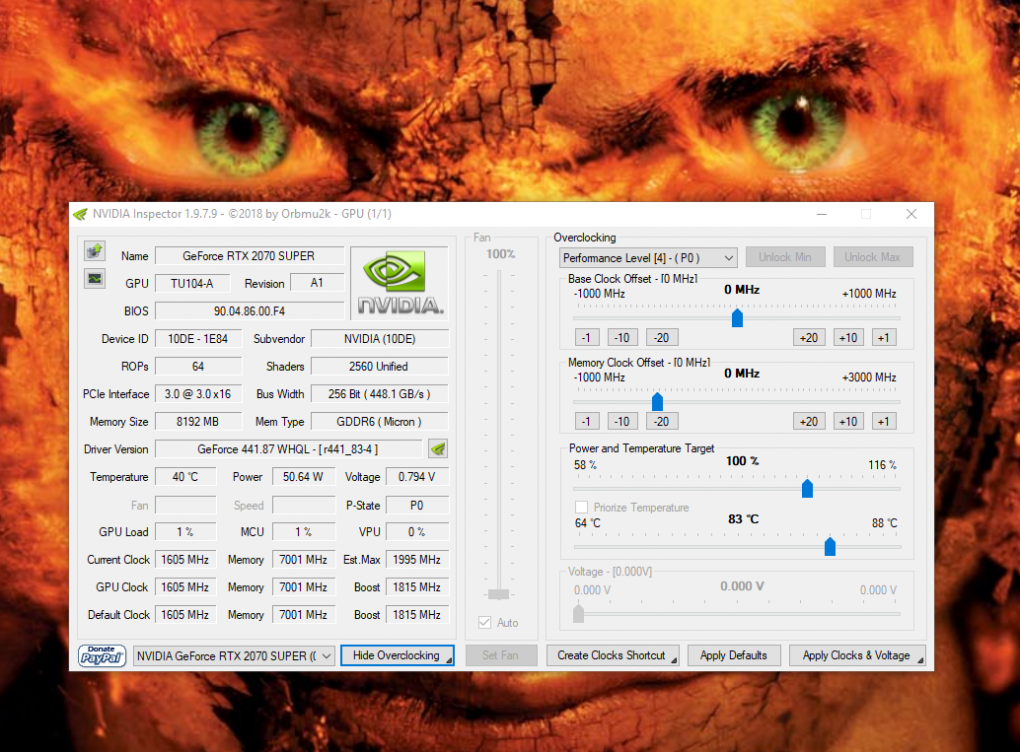 Gainward Geforce RTX 2070 Super Phoenix GS in der Nvidia-Inspector-Übersicht