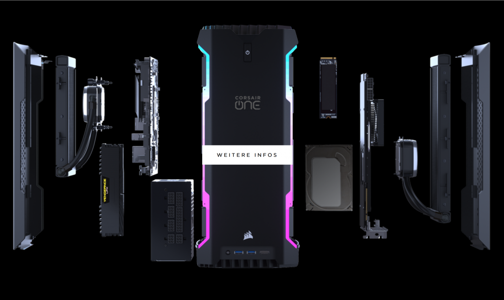 Explosionszeichnung des Corsair One. Die drei Lüfter befinden sich am Netzteil, über den den Spannungswandlern der Grafikkarte und im Deckel des Gehäuses.