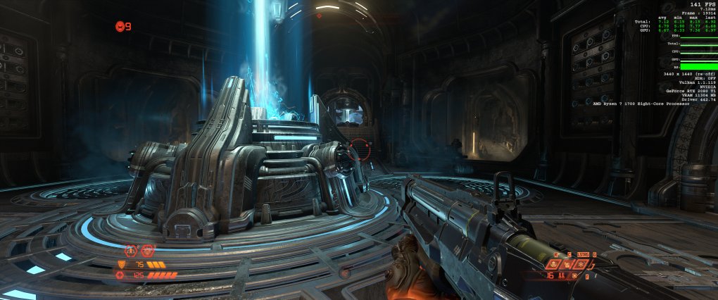 Doom Eternal: Der PCGH-Benchmark 'Fortress' startet im hinteren Bereich, wo der klassische Doom-Guy-Dress zu sehen ist, und besteht aus einem 20-sekündigen Lauf geradeaus (mit Strafen) in Richtung Kommandozentrale. Kurz vor dem Ende drehen wir uns um 180 Grad und laufen noch ein paar Meter. Ein Video reichen wir nach; es fiel dem Seuchenschutz zum Opfer.