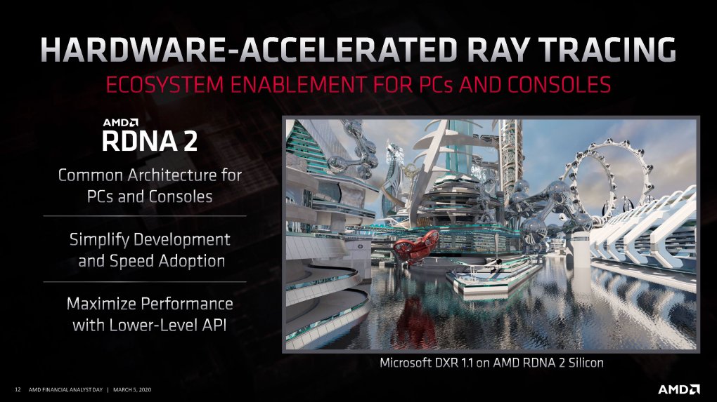 AMD möchte mit RDNA 2 zu Nvidia aufschließen und Raytracing ermöglichen. Wie leistungsfähig die Berechnung der RT-Effekte ausfallen wird, ist noch nicht bekannt.
