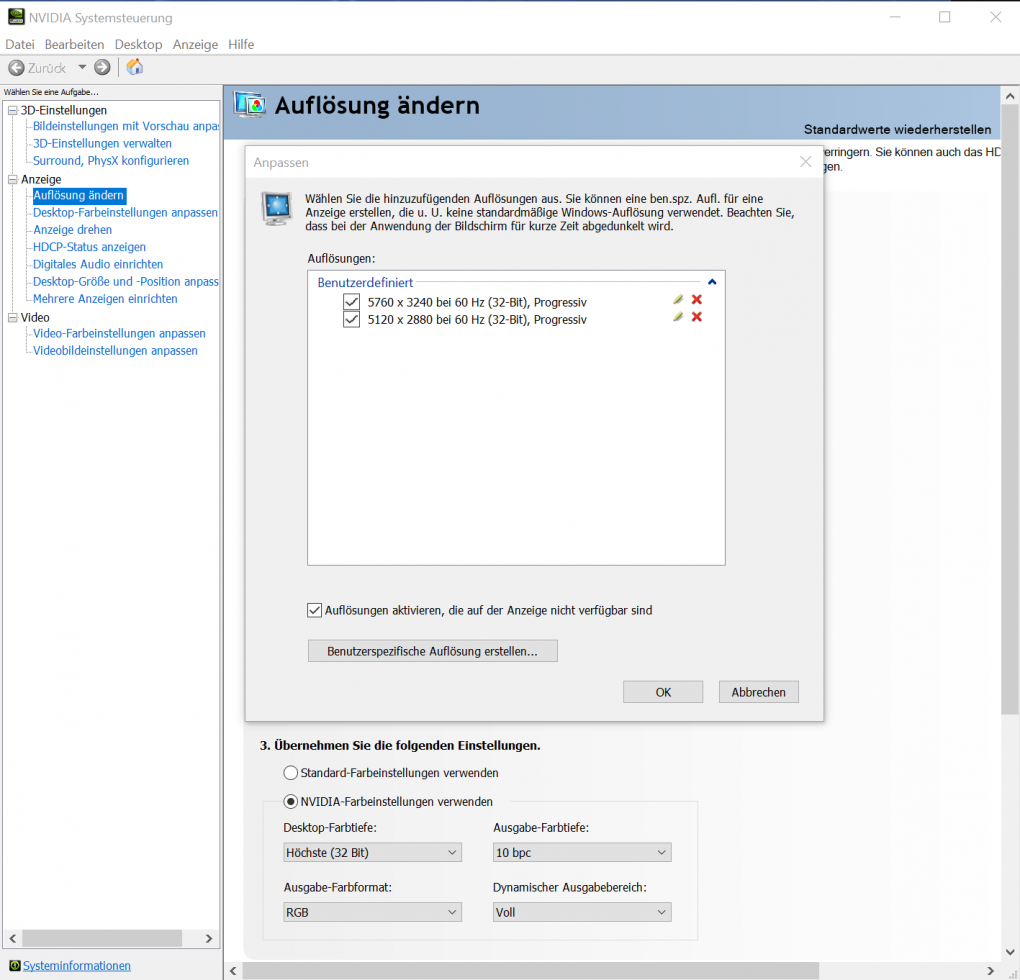 Static Custom Resolutions: Tragen Sie hier Pixelmengen ein, die jenseits Ihrer nativen Auflösung liegen - 'Downsampling' der alten Schule. Alternativ tasten Sie sich mithilfe der DSR-Auflösungsfaktoren an Ihr Wunschbild heran.