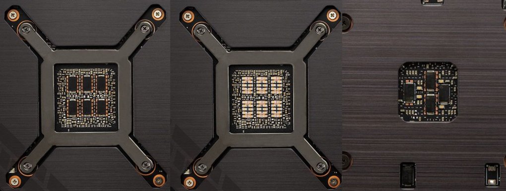 Unterschiede auf der Rückseite: Asus TUF Gaming RTX 3080 aus der Vorproduktion (links), TUF RTX 3080 in der Retail-Version (Mitte) und TUF RTX 3070 in der Retail-Version (rechts)