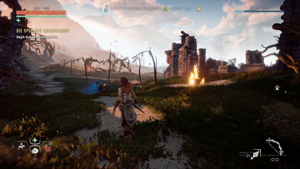 Horizon Zero Dawn mit unpassenden Grafikeinstellungen: Die genutzte GTX 970 hat nicht ausreichend Grafikspeicher, nicht nur höher aufgelöste Texturen fehlen, sogar die Geometrie passt nicht in den schmalen Grafikspeicher.