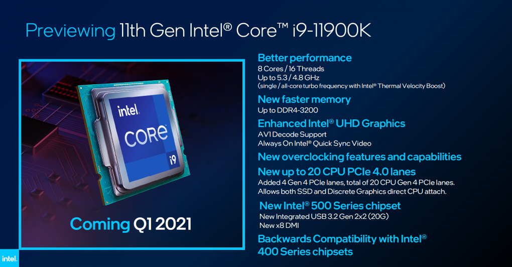 Der Core i9-11900K soll acht Kerne mit bis zu 5,3 GHz bieten. Die TDP liegt dabei ebenfalls bei 125 Watt, wie beim direkten Vorgänger. Die Speicherfreigabe bis DDR4-3200 ist eine erfrischende Neuerung.