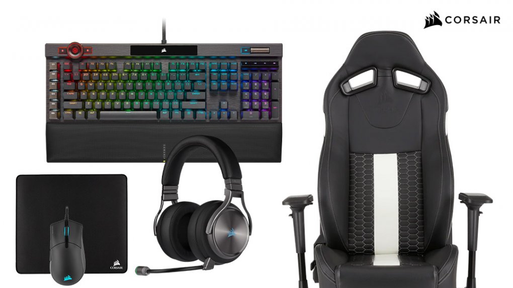 Corsair-iCUE-4-Paket im Wert von 900 Euro:&nbsp;K100 RGB Gaming-Tastatur, Sabre RGB PRO Gaming-Maus, MM350 Champion Series Mauspad - X-Large, Virtuoso RGB SE Gaming-Headset und T2 ROAD WARRIOR Gaming-Stuhl.