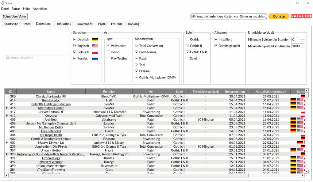 Die Datenbank ermöglicht eine leichte Suche und lässt auch nach Sprachen und Mods. Es gibt keine Browser-Zurück-Funktion, stattdessen wird über die Tab-Wahl oben der zu sehende Inhalt bestimmt.