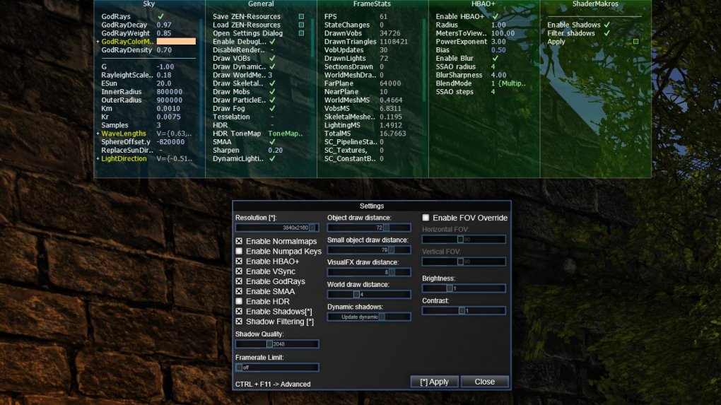 Die Standardeinstellungen des DirectX11-Renderers sind üblicherweise ideal. Wer entsprechenden Voraussetzungen mitbringt, kann sich auch an höheren Werten versuchen. Das obere Menü in grün ist die erweiterte, komplexe Variante des unten zusehenden Standard-Menüs (F11).