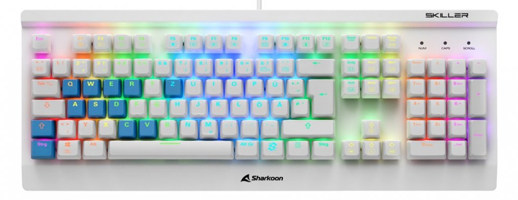 Die Skiller SGK3 White wird zusammen mit dem Tastenkappenset SAC14 ausgeliefert, das 14 blaue PBT-Tasten mit Double-Shot-Beschriftung beinhaltet.