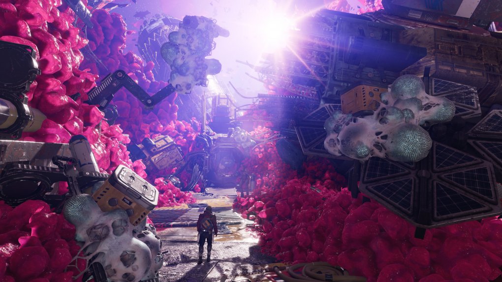 Marvel's Guardians of the Galaxy - Die oft sehr fantasievoll und interessant gestalteten Level bieten dem technisch versierten Auge einige Schmankerl: Der pinke Alien-Glibber wird durch Subsurface Scattering veredelt, dieser Shader sorgt für den 'Durchscheineffekt' und den besonders glibbrigen Eindruck bei Gegenlicht. Die entfernt an biologische (Viren-) Zellen erinnernden Kugeln werden für den dreidimensionalen Eindruck mit Parallax Mapping ausgestattet. Allein aus technischer Sicht lohnt es also, die Grafik von Guardians of the Galaxy ein wenig genauer ins Auge zu nehmen: Der Einsatz von einigen Techniken durch die Entwickler ist häufiger eher unkonventionell und wird für interessante opische Kniffe genutzt.
