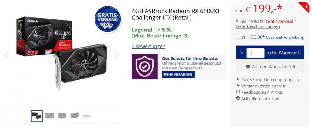 Bei Mindfactory gibt es erstmals eine Radeon RX 6500 XT für weniger als 209 Euro.