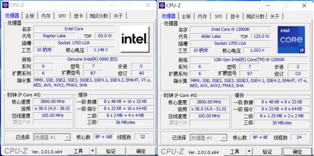 Spezifikationen im Vergleich. Links: Raptor Lake (Engineering Sample). Rechts: Intel Core i9 12900K