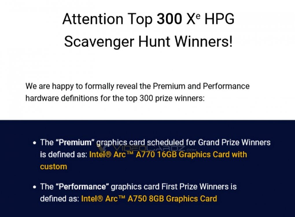 Die Gewinner der Xe HPG Scavenger Hunt bekommen entweder Arc-A750-Grafikkarten mit 8 GB oder Arc-A770-Grafikkarten mit 16 GB RAM.