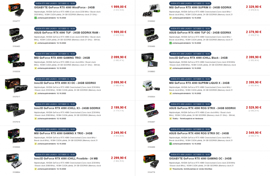 Bei Proshop Finnland werden 14 Custom-Modelle der Geforce RTX 4090 angeboten. Diese stammen von Asus, Gigabyte, MSI sowie Inno3D und kosten zwischen 1.999 und 2.549 Euro.