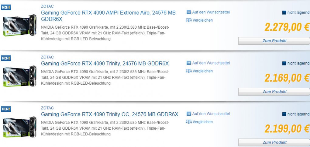 Die drei Zotac-Custom-Modelle der Geforce RTX 4090 bei Caseking.