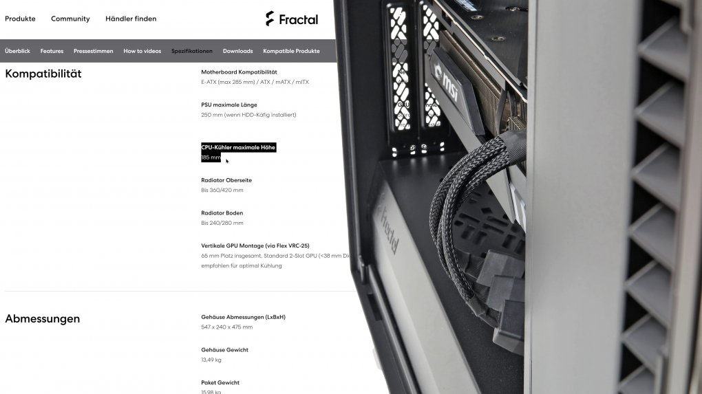 Das Fractal Define 7 ist eins von vielen Gehäusen mit einem breiteren Innenraum, der für den seitlichen Nvidia-Adapter ausreicht. Für Enthusiasten wird die Innenraumbreite durch die größeren GPU-Kühler immer wichtiger.