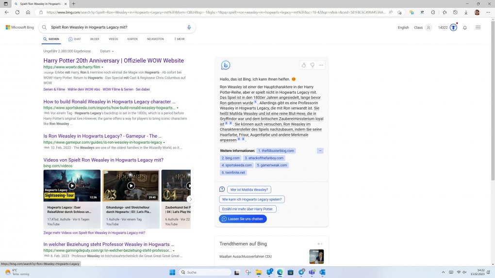 Neue Suche mit ChatGPT (rechts) bei Microsoft Bing.