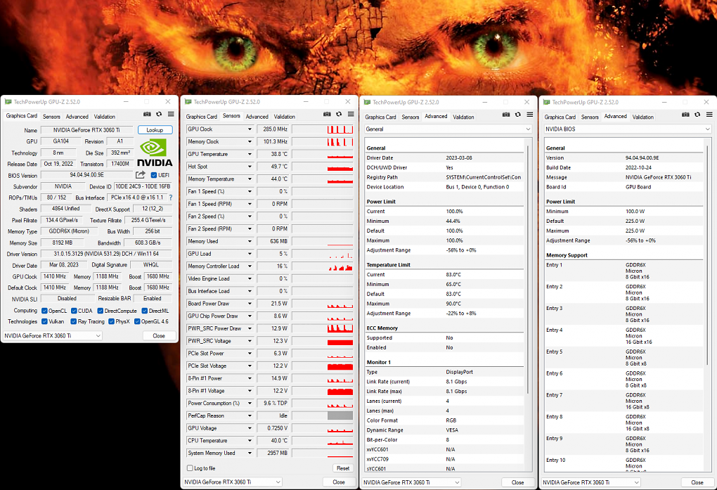Nvidia Geforce RTX 3060 Ti GDDR6X im Test: GPU-Z-Overview inklusive Sensoren und BIOS-Infos.