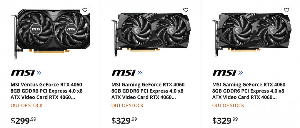 Drei Custom-Desgins der Geforce RTX 4060 von MSI im US-Handel