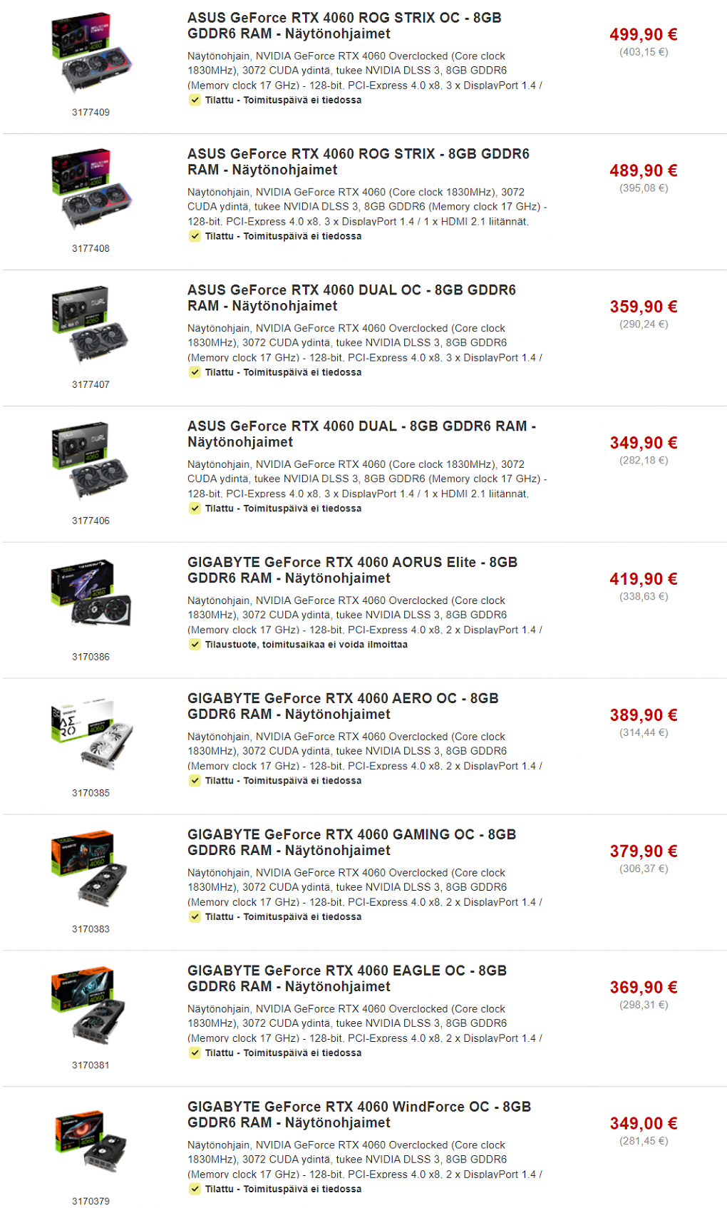 Neun Custom-Designs der Geforce RTX 4060 bei Proshop