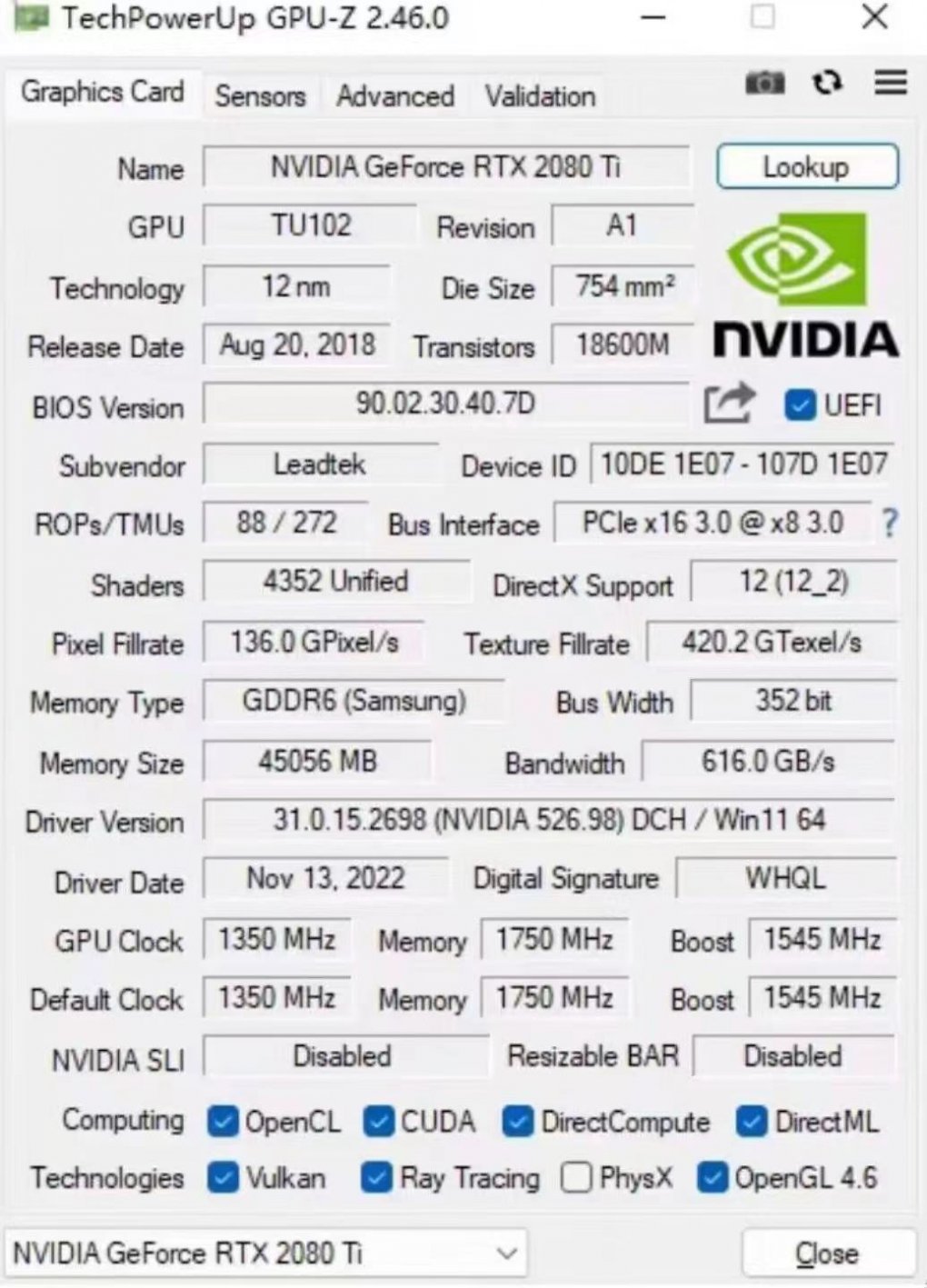 Screenshot von GPU-Z nach dem Speicher-Mod auf 44 GiB VRAM.