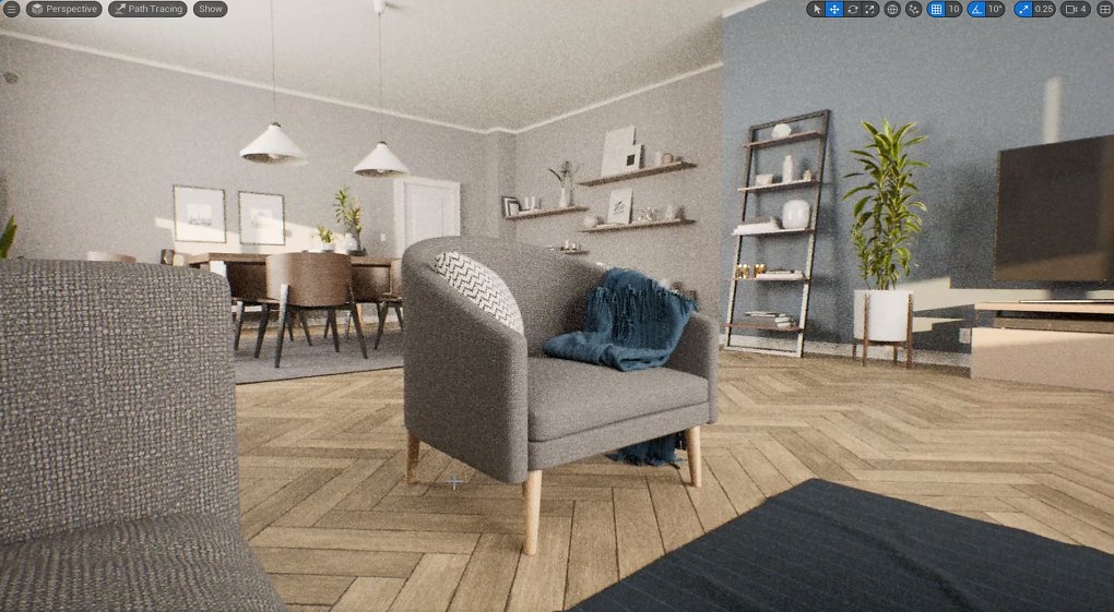 Pathtracing kann mit der UE 5.1 auch direkt im Editor eingesetzt werden. Etwa, um korrekte, realistische Lichtwürfe zu prüfen und mithilfe des Pathtracings beispielsweise Probes für eine konventionelle Beleuchtung besser platzieren zu können.