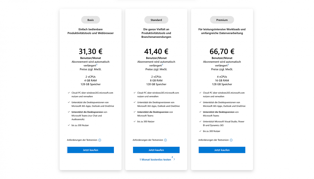 Windows 365 Business und Enterprise kosten ab 31,30 Euro pro Anwender im Monat
