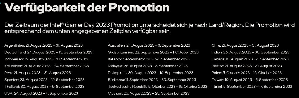 Zeiträume der Promo-Aktion von Intel.