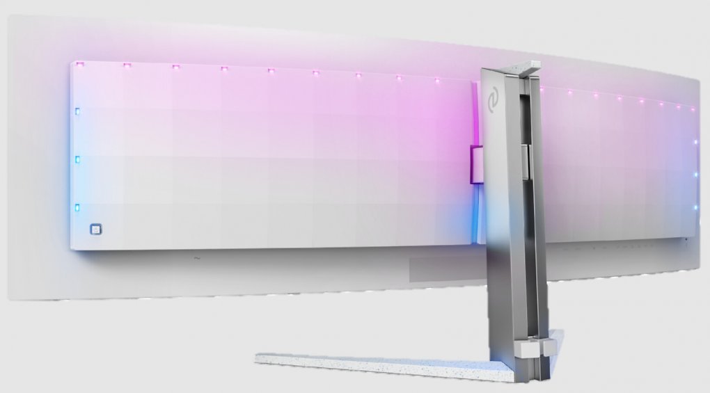 Rückansicht des Evnia 49M2C8900 mit aktivem Ambiglow.