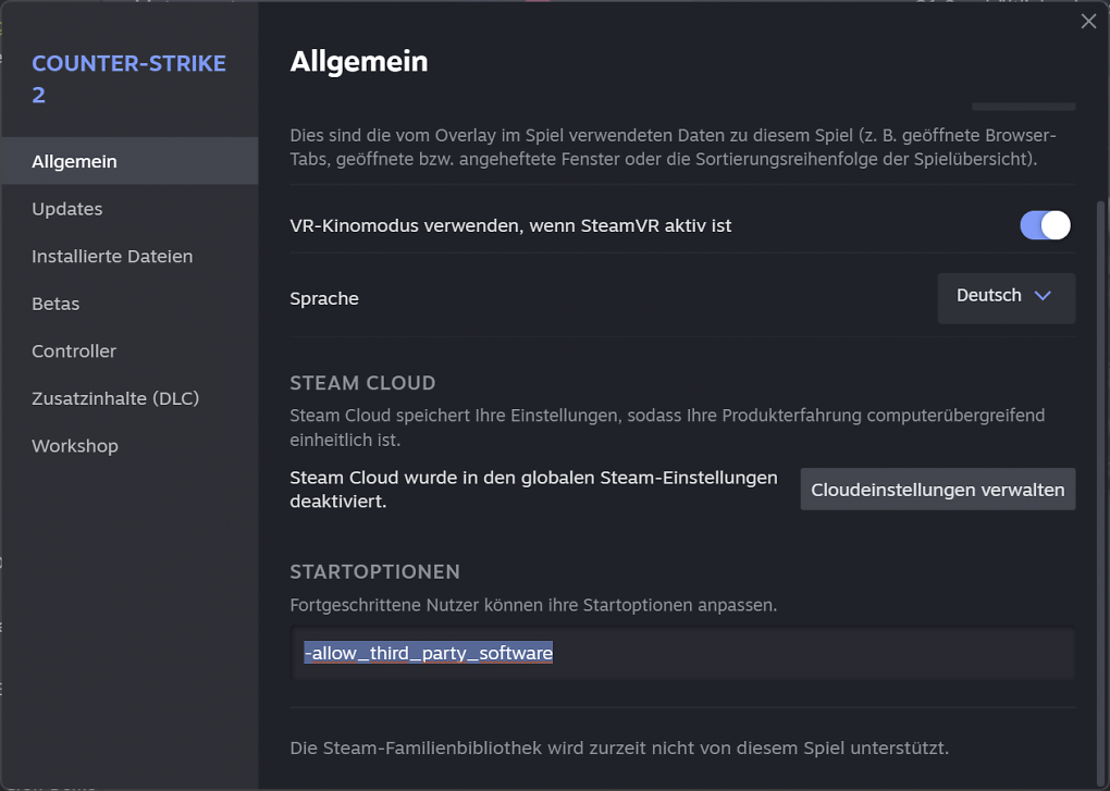 Damit Overlays wie das Rivatuner-OSD (RTSS) in CS2 sichtbar sind, müssen Sie den abgebildeten Startparameter eingeben.