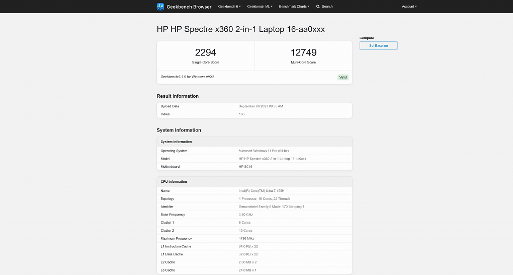 Der Intel Core Ultra 7 155H in der Datenbank von Geekbench