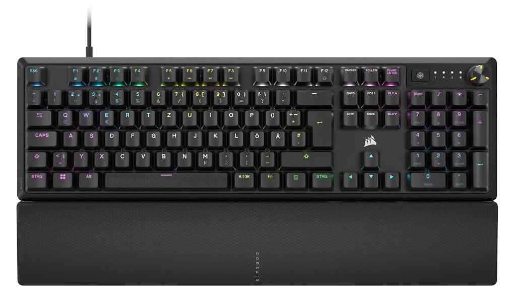 Die Corsair K70 Core verfügt über eine integrierte Handballenauflage, ein konfigurierbares Drehrad und eine Zusatztaste.