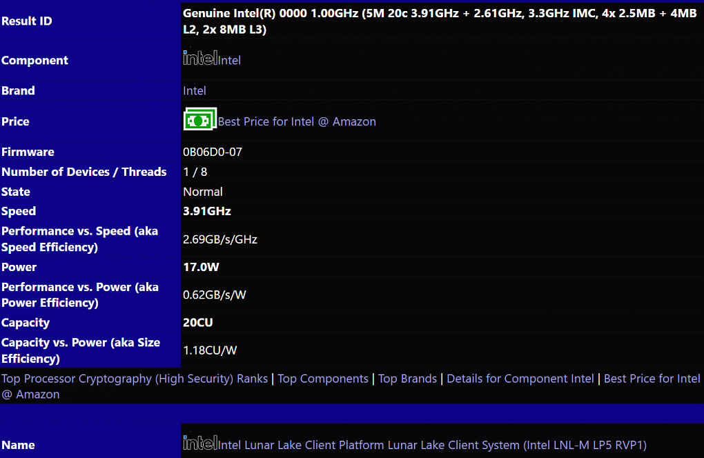 Screenshot des Eintrags eines Intel-Lunar-Lake-Samples bei Sisoft Sandra