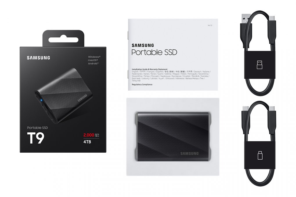 Lieferumfang der Samsung T9 SSD.