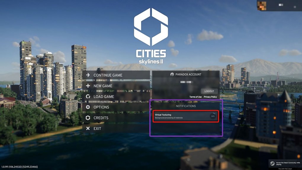 Das virtuelle Texturierung ('Virtual Texturing') sollte vollständig abgeschlossen sein