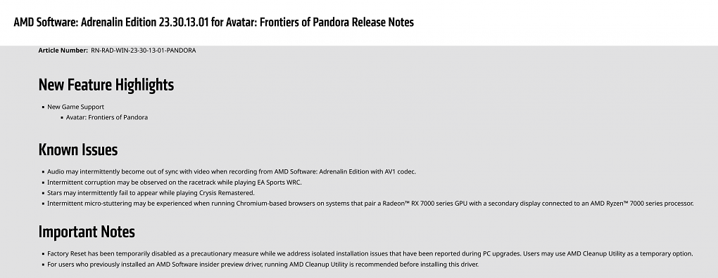 Release Notes der AMD Software: Adrenalin Edition 23.30.13.01 for Avatar: Frontiers of Pandora