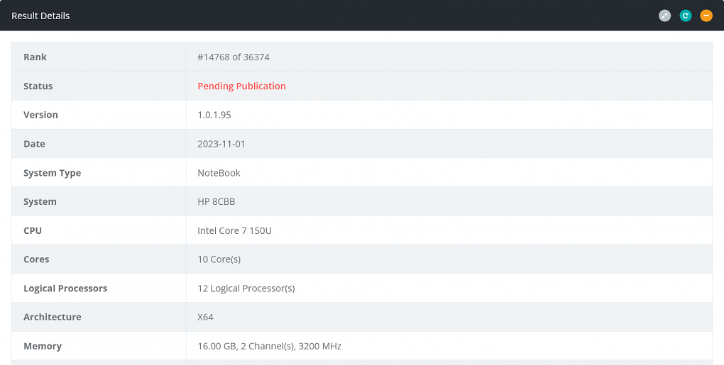 Intel Core 150U mit Iris Xe in der BAPCo-Datenbank
