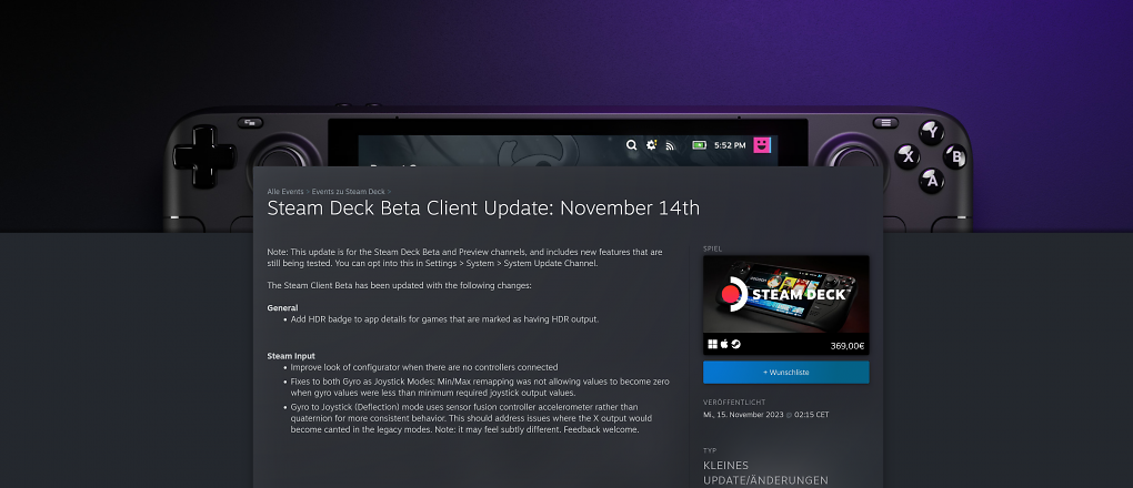 Die Release Notes des Steam Deck Beta Clients