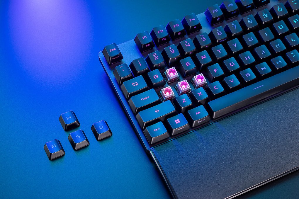 Der neue, jetzt geschmierte ROG-RX-Red-Tastenschalter der<strong> </strong><a href='www.amazon.de/dp/B0CLKPNQXZ?smid=A3JWKAKR8XB7XF&amp;linkCode=ll1&amp;tag=sftmagdiglifu-21&amp;linkId=69b1029232a73c93383da24623de04a4&amp;language=de_DE&amp;ref_=as_li_ss_tl'><strong>Asus ROG Strix Scope II RX</strong></a> beeindruckt mit einem samtigen, weichen Tippgefühl und einer geringen Lautstärkenentwicklung!