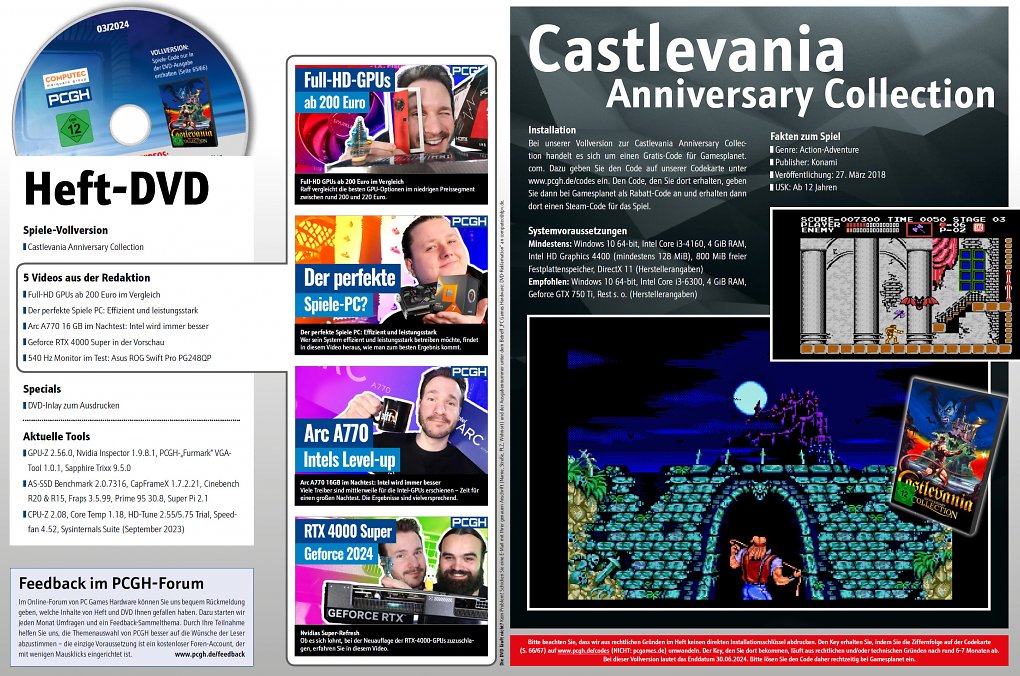 Nur in der Heftausgabe 03/2024 mit DVD: Neben <i>Artikelzusätzen, Programmen und Videos</i> befindet sich die Steam-Vollversion der <i>Castlevania Anniversary Collection</i> <a href='de.gamesplanet.com/game/castlevania-anniversary-collection-steam-key--4027-1'>über Gamesplanet</a> anbei.
