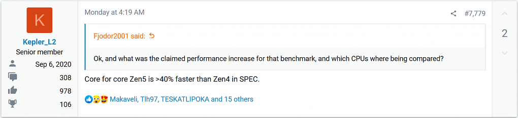 Laut @Kepler_L2 können sich die Zen 5 Kerne im SPEC-Benchmark um über 40 Prozent von der Vorgängergeneration abheben.