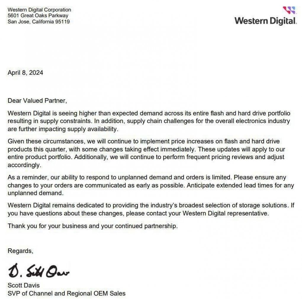 Western Digital informiert Partner über Preiserhöhungen.