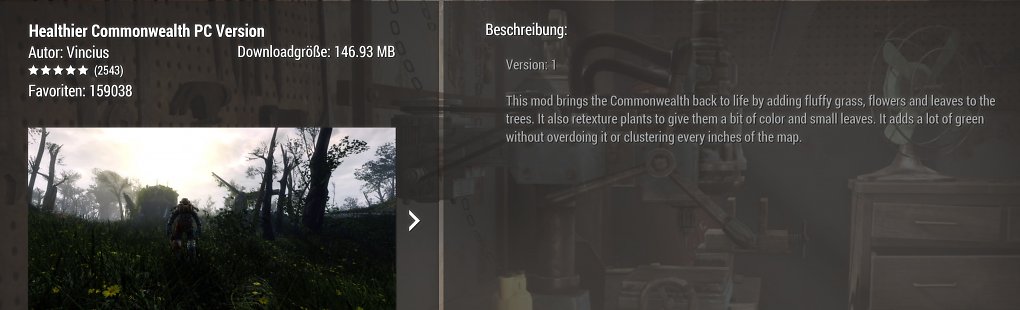 Mehr optische Abwechslung können dagegen Mods wie '<a href='mods.bethesda.net/de/fallout4/mod-detail/4020829'>Healthier Commonwealth</a>' bieten, mit etwas lebendigerem Tschernobylgrün an den Bäumen statt tristem Mojavebraun.