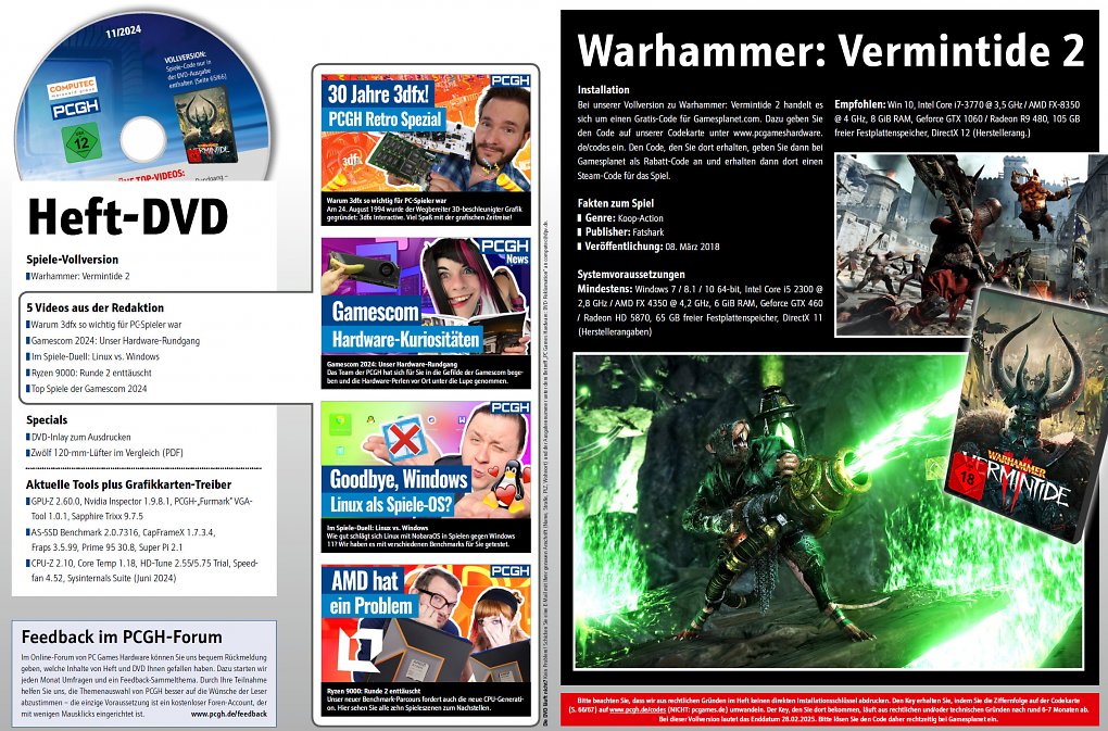 In der DVD-Ausgabe finden Sie nicht nur weitergehende Artikelmaterialien, Videos und Tools, sondern auch <a href='de.gamesplanet.com/game/warhammer-vermintide-2-steam-key--3618-1'><strong>Warhammer: Vermintide 2</strong></a> als Steam-Vollversion.