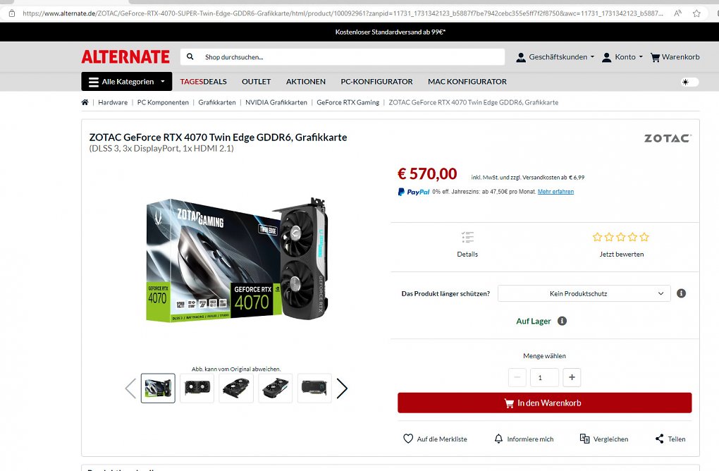 Beim deutschen Hardware-Anbieter Alternate können Kunden derweil eine Geforce RTX 4070 Super mit GDDR6-Speicher erwerben. Doch wie kann das sein? (1)