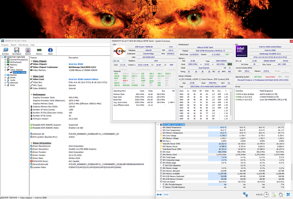 Intel Arc B580 Limited Edition: Hwinfo-Übersicht (alles korrekt bis auf die FP32-ALUs - tatsächlich sind es 2.560 Einheiten)