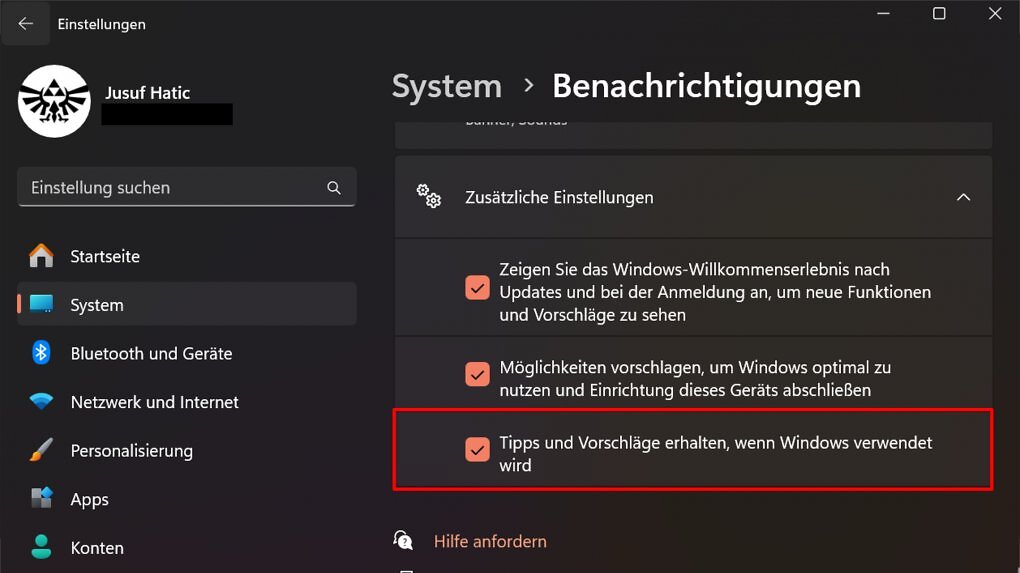 Dieser Menüpunkt muss zum Beenden der Benachrichtigungswerbung abgewählt werden.