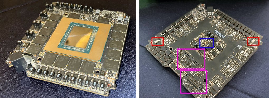 Die Rückseite des High-Density-PCBs enthält mehrere Anschlüsse.<br><strong>Rot</strong>: Lüfter - <strong>Magenta</strong>: Anbindung der anderen Platinen - <strong>Blau</strong>: Debugging