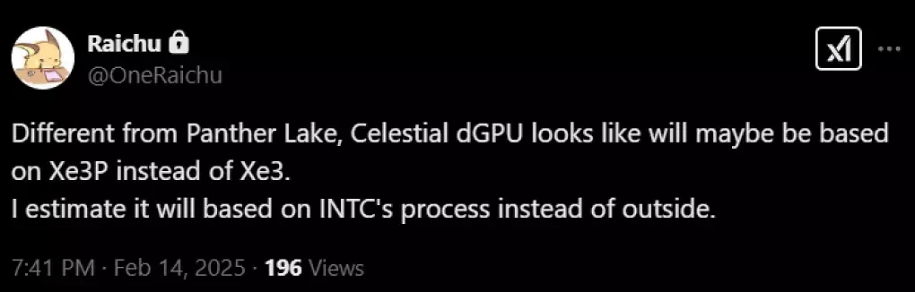In seinem Post behauptet @OneRaichu, dass Celestial auf Xe 3P basieren wird. Zudem soll der Chip vermutlich von Intel selbst hergestellt werden.