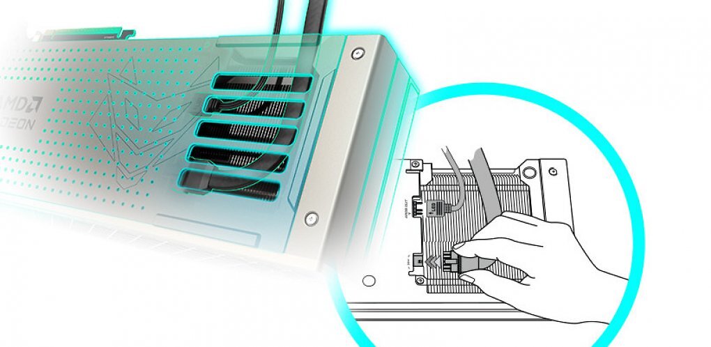 Der 16-Pin-Stromanschluss der Sapphire Radeon RX 9070 XT Nitro+ befindet sich hinten am PCB. Von dort aus wird er seitlich herausgeführt.
